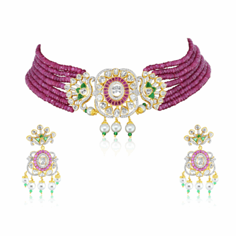 Lotus Motif Open Polki Necklace Set