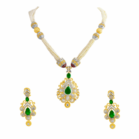 Polki Pendant Set with Detailing and Pearl Mala