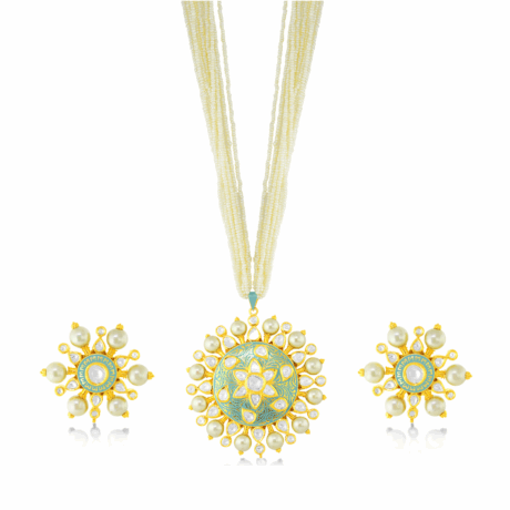 Polki Pendant Set with Drop Pearls and Floral Motifs
