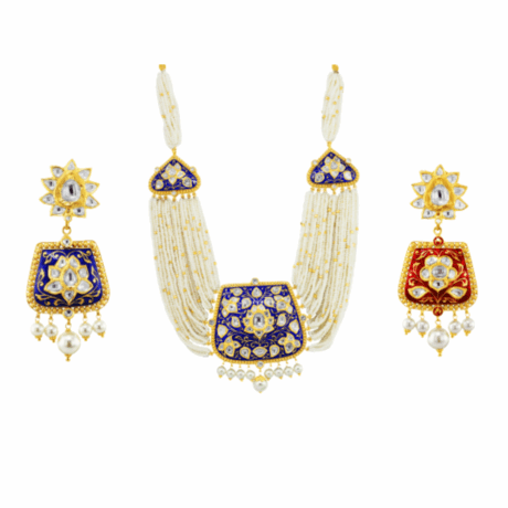 Heritage-Inspired Polki Pendant Set with Red and Blue Enamel Accents