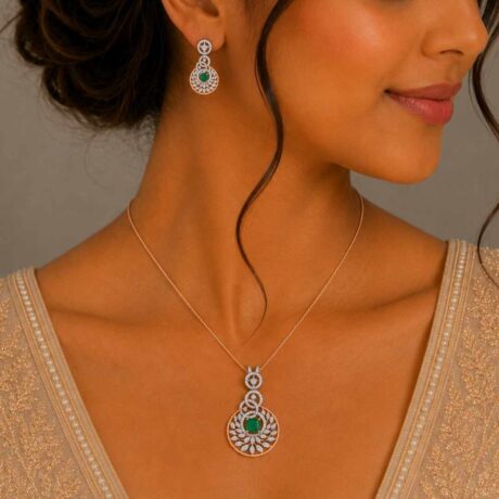 Diamond & Emerald Floral Pendant Set